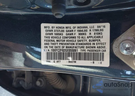 2016 Honda Civic Ex z USA, uszkodzony, nr VIN 19XFC2F82GE055061